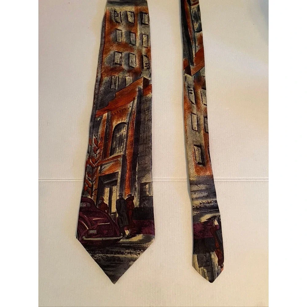 Bugatti Mens Silk Tie Italian Impressionist Street Scene Vintage Car Burgundy 4